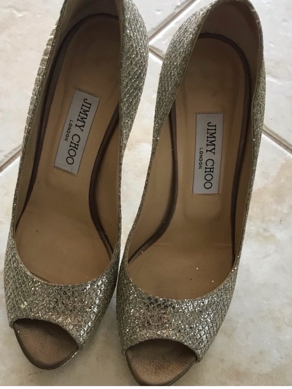 Jimmy Choo Gold Glitter Open-Toe Pumps